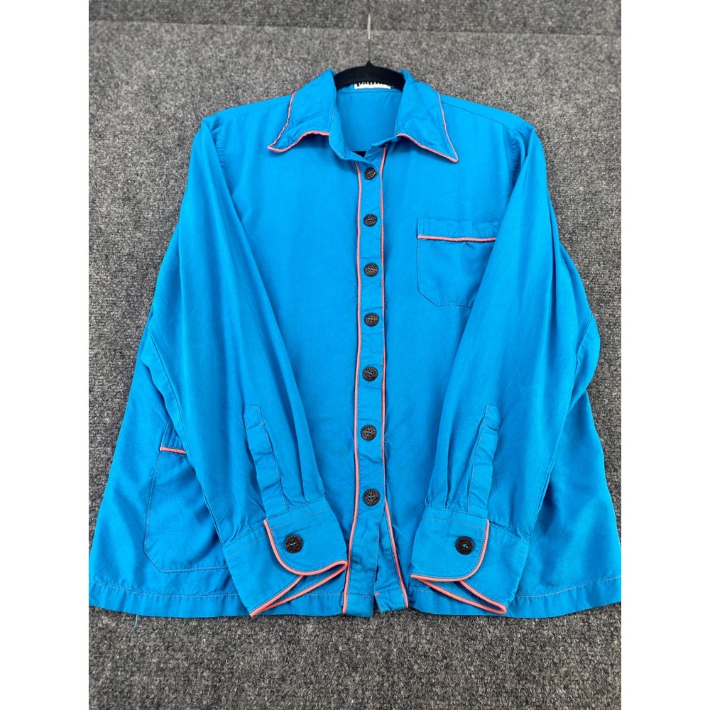 Patiini Button Up Shirt Womens Medium Blue Pink Trim Long Sleeve Casual Blouse